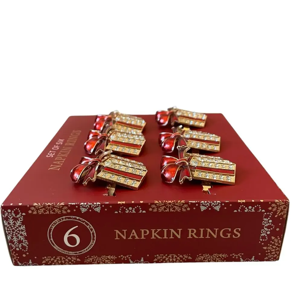 Envogue Rhinestone CHRISTMAS Present Napkin Rings Set of 6 Holiday Red Gold New
